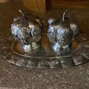 Vintage salt and pepper shaker with tray